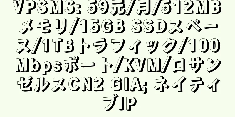 VPSMS: 59元/月/512MBメモリ/15GB SSDスペース/1TBトラフィック/100Mbpsポート/KVM/ロサンゼルスCN2 GIA; ネイティブIP