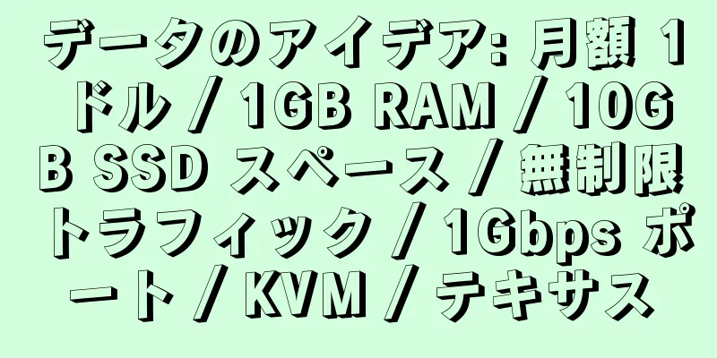 データのアイデア: 月額 1 ドル / 1GB RAM / 10GB SSD スペース / 無制限トラフィック / 1Gbps ポート / KVM / テキサス