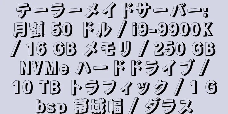 テーラーメイドサーバー: 月額 50 ドル / i9-9900K / 16 GB メモリ / 250 GB NVMe ハードドライブ / 10 TB トラフィック / 1 Gbsp 帯域幅 / ダラス