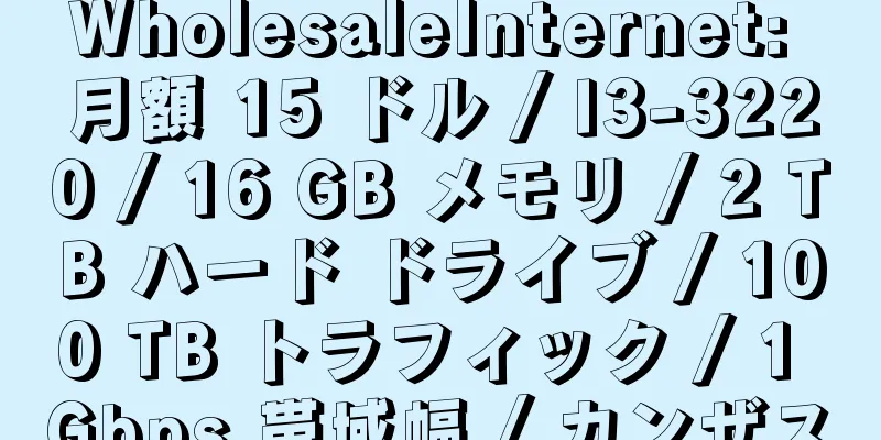 WholesaleInternet: 月額 15 ドル / I3-3220 / 16 GB メモリ / 2 TB ハード ドライブ / 100 TB トラフィック / 1 Gbps 帯域幅 / カンザス