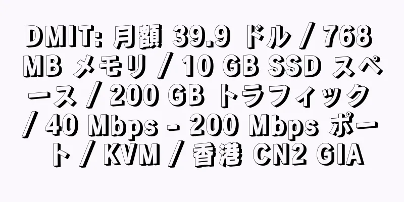 DMIT: 月額 39.9 ドル / 768 MB メモリ / 10 GB SSD スペース / 200 GB トラフィック / 40 Mbps - 200 Mbps ポート / KVM / 香港 CN2 GIA