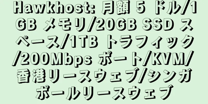 Hawkhost: 月額 5 ドル/1GB メモリ/20GB SSD スペース/1TB トラフィック/200Mbps ポート/KVM/香港リースウェブ/シンガポールリースウェブ