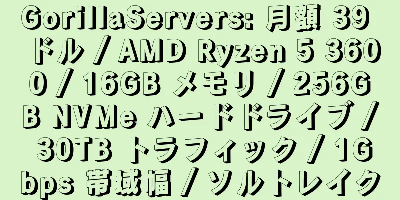 GorillaServers: 月額 39 ドル / AMD Ryzen 5 3600 / 16GB メモリ / 256GB NVMe ハードドライブ / 30TB トラフィック / 1Gbps 帯域幅 / ソルトレイク