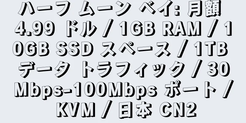 ハーフ ムーン ベイ: 月額 4.99 ドル / 1GB RAM / 10GB SSD スペース / 1TB データ トラフィック / 30Mbps-100Mbps ポート / KVM / 日本 CN2