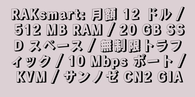 RAKsmart: 月額 12 ドル / 512 MB RAM / 20 GB SSD スペース / 無制限トラフィック / 10 Mbps ポート / KVM / サンノゼ CN2 GIA