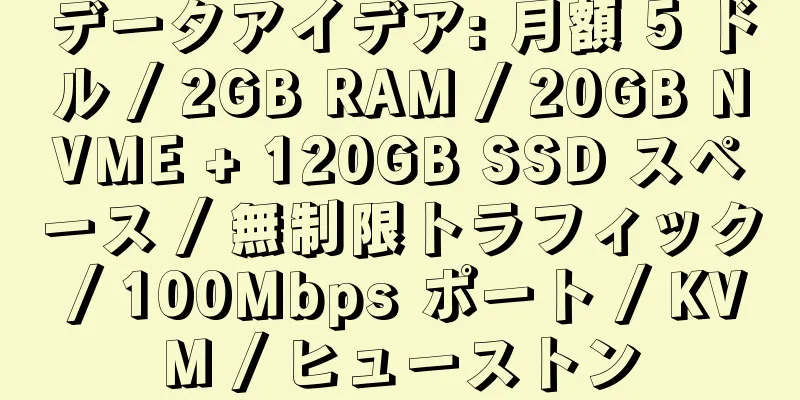 データアイデア: 月額 5 ドル / 2GB RAM / 20GB NVME + 120GB SSD スペース / 無制限トラフィック / 100Mbps ポート / KVM / ヒューストン