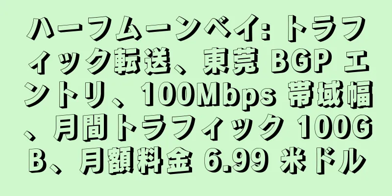 ハーフムーンベイ: トラフィック転送、東莞 BGP エントリ、100Mbps 帯域幅、月間トラフィック 100GB、月額料金 6.99 米ドル