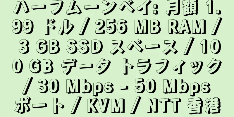 ハーフムーンベイ: 月額 1.99 ドル / 256 MB RAM / 3 GB SSD スペース / 100 GB データ トラフィック / 30 Mbps - 50 Mbps ポート / KVM / NTT 香港