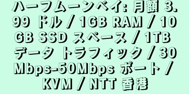 ハーフムーンベイ: 月額 3.99 ドル / 1GB RAM / 10GB SSD スペース / 1TB データ トラフィック / 30Mbps-50Mbps ポート / KVM / NTT 香港