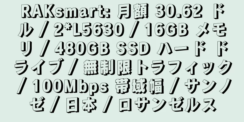 RAKsmart: 月額 30.62 ドル / 2*L5630 / 16GB メモリ / 480GB SSD ハード ドライブ / 無制限トラフィック / 100Mbps 帯域幅 / サンノゼ / 日本 / ロサンゼルス