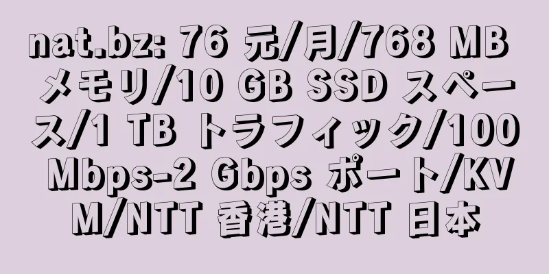 nat.bz: 76 元/月/768 MB メモリ/10 GB SSD スペース/1 TB トラフィック/100 Mbps-2 Gbps ポート/KVM/NTT 香港/NTT 日本