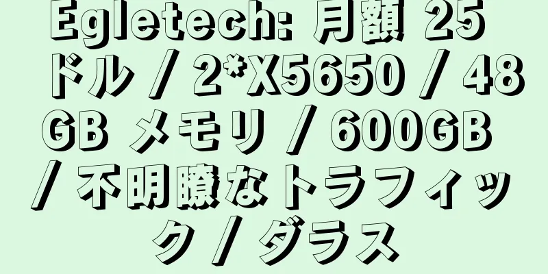 Egletech: 月額 25 ドル / 2*X5650 / 48GB メモリ / 600GB / 不明瞭なトラフィック / ダラス