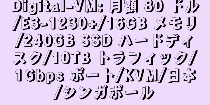 Digital-VM: 月額 80 ドル/E3-1230+/16GB メモリ/240GB SSD ハードディスク/10TB トラフィック/1Gbps ポート/KVM/日本/シンガポール