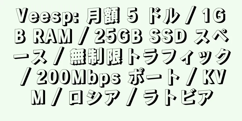 Veesp: 月額 5 ドル / 1GB RAM / 25GB SSD スペース / 無制限トラフィック / 200Mbps ポート / KVM / ロシア / ラトビア