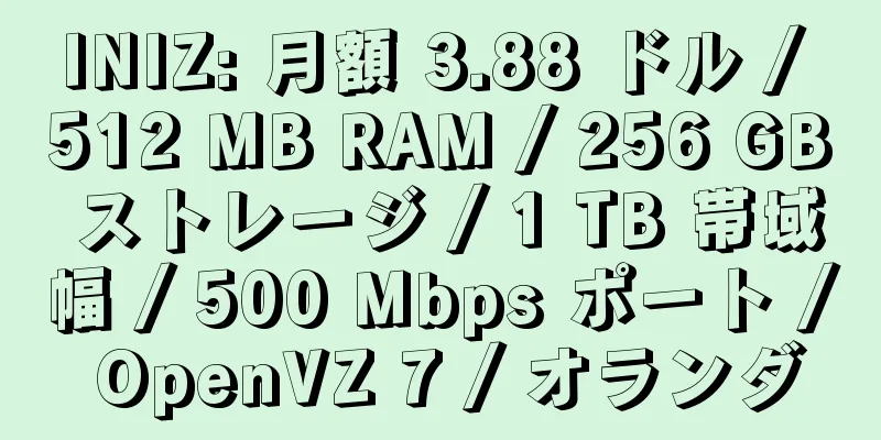 INIZ: 月額 3.88 ドル / 512 MB RAM / 256 GB ストレージ / 1 TB 帯域幅 / 500 Mbps ポート / OpenVZ 7 / オランダ