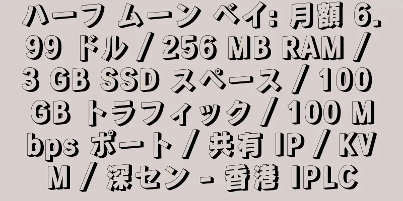 ハーフ ムーン ベイ: 月額 6.99 ドル / 256 MB RAM / 3 GB SSD スペース / 100 GB トラフィック / 100 Mbps ポート / 共有 IP / KVM / 深セン - 香港 IPLC