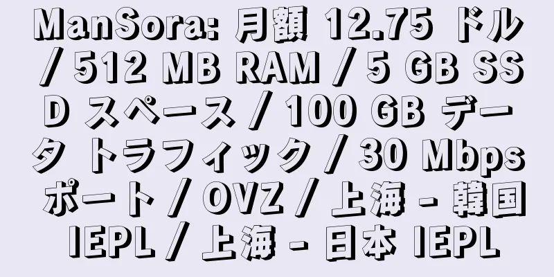 ManSora: 月額 12.75 ドル / 512 MB RAM / 5 GB SSD スペース / 100 GB データ トラフィック / 30 Mbps ポート / OVZ / 上海 - 韓国 IEPL / 上海 - 日本 IEPL