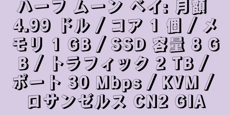 ハーフ ムーン ベイ: 月額 4.99 ドル / コア 1 個 / メモリ 1 GB / SSD 容量 8 GB / トラフィック 2 TB / ポート 30 Mbps / KVM / ロサンゼルス CN2 GIA