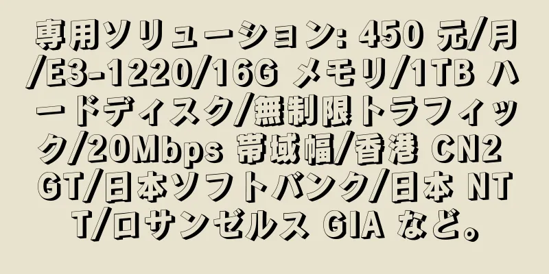 専用ソリューション: 450 元/月/E3-1220/16G メモリ/1TB ハードディスク/無制限トラフィック/20Mbps 帯域幅/香港 CN2 GT/日本ソフトバンク/日本 NTT/ロサンゼルス GIA など。