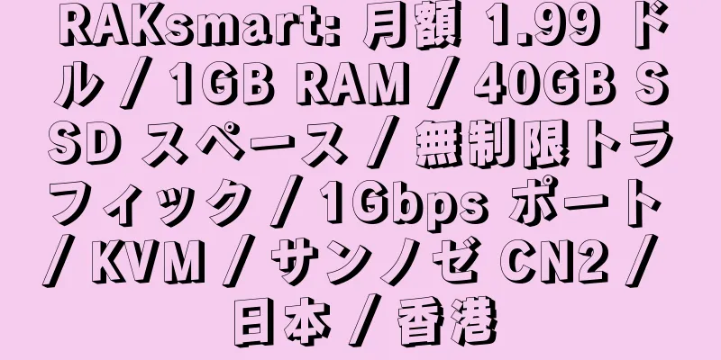 RAKsmart: 月額 1.99 ドル / 1GB RAM / 40GB SSD スペース / 無制限トラフィック / 1Gbps ポート / KVM / サンノゼ CN2 / 日本 / 香港