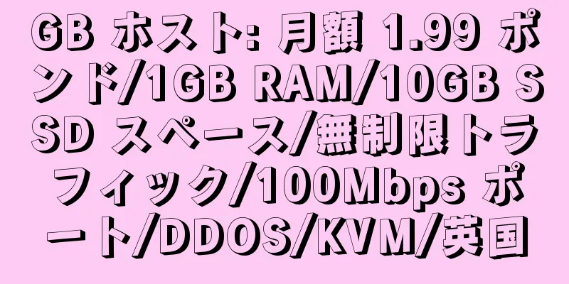 GB ホスト: 月額 1.99 ポンド/1GB RAM/10GB SSD スペース/無制限トラフィック/100Mbps ポート/DDOS/KVM/英国