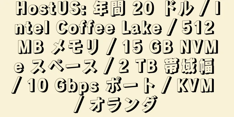 HostUS: 年間 20 ドル / Intel Coffee Lake / 512 MB メモリ / 15 GB NVMe スペース / 2 TB 帯域幅 / 10 Gbps ポート / KVM / オランダ