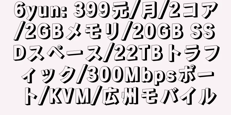 6yun: 399元/月/2コア/2GBメモリ/20GB SSDスペース/22TBトラフィック/300Mbpsポート/KVM/広州モバイル