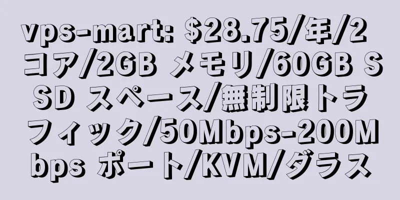 vps-mart: $28.75/年/2 コア/2GB メモリ/60GB SSD スペース/無制限トラフィック/50Mbps-200Mbps ポート/KVM/ダラス