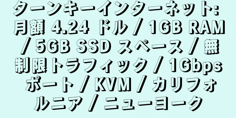 ターンキーインターネット: 月額 4.24 ドル / 1GB RAM / 5GB SSD スペース / 無制限トラフィック / 1Gbps ポート / KVM / カリフォルニア / ニューヨーク