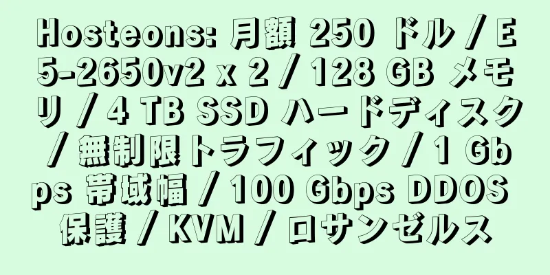 Hosteons: 月額 250 ドル / E5-2650v2 x 2 / 128 GB メモリ / 4 TB SSD ハードディスク / 無制限トラフィック / 1 Gbps 帯域幅 / 100 Gbps DDOS 保護 / KVM / ロサンゼルス