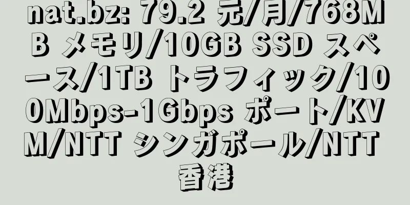 nat.bz: 79.2 元/月/768MB メモリ/10GB SSD スペース/1TB トラフィック/100Mbps-1Gbps ポート/KVM/NTT シンガポール/NTT 香港