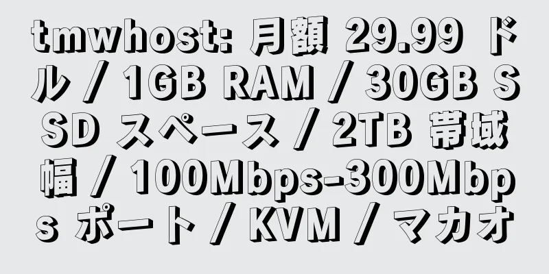 tmwhost: 月額 29.99 ドル / 1GB RAM / 30GB SSD スペース / 2TB 帯域幅 / 100Mbps-300Mbps ポート / KVM / マカオ