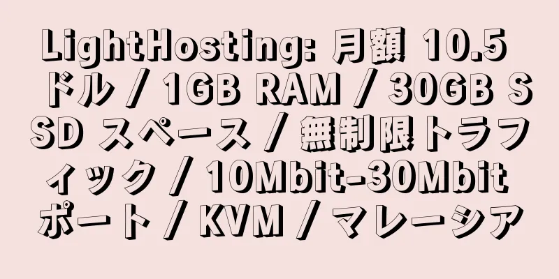 LightHosting: 月額 10.5 ドル / 1GB RAM / 30GB SSD スペース / 無制限トラフィック / 10Mbit-30Mbit ポート / KVM / マレーシア