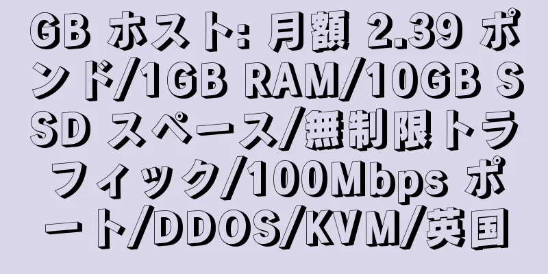 GB ホスト: 月額 2.39 ポンド/1GB RAM/10GB SSD スペース/無制限トラフィック/100Mbps ポート/DDOS/KVM/英国