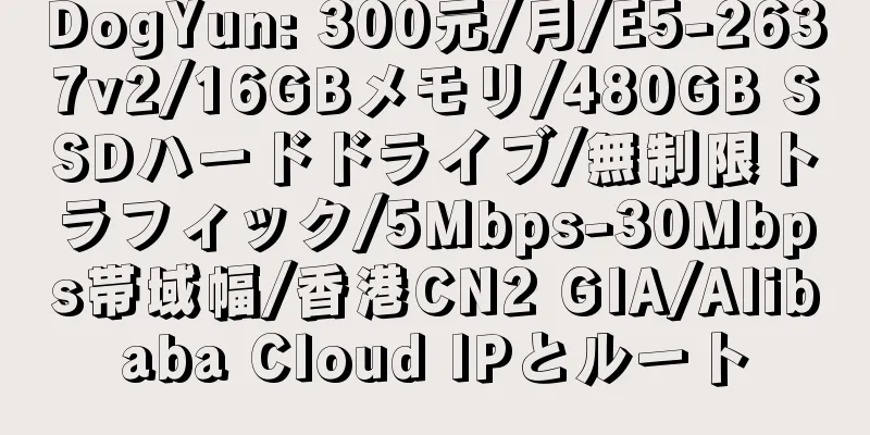 DogYun: 300元/月/E5-2637v2/16GBメモリ/480GB SSDハードドライブ/無制限トラフィック/5Mbps-30Mbps帯域幅/香港CN2 GIA/Alibaba Cloud IPとルート