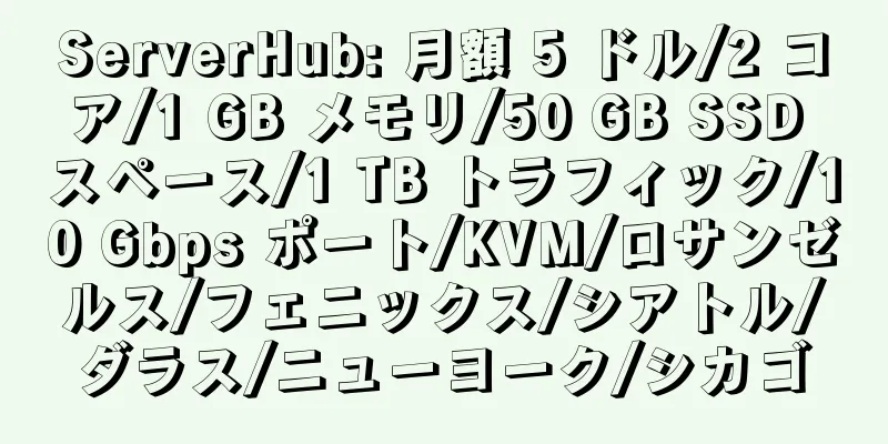 ServerHub: 月額 5 ドル/2 コア/1 GB メモリ/50 GB SSD スペース/1 TB トラフィック/10 Gbps ポート/KVM/ロサンゼルス/フェニックス/シアトル/ダラス/ニューヨーク/シカゴ