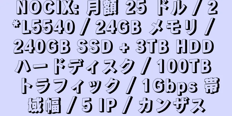 NOCIX: 月額 25 ドル / 2*L5540 / 24GB メモリ / 240GB SSD + 3TB HDD ハードディスク / 100TB トラフィック / 1Gbps 帯域幅 / 5 IP / カンザス