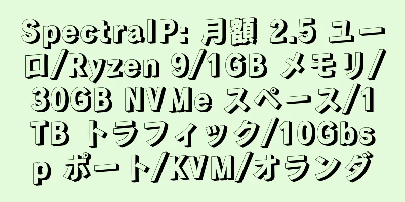 SpectraIP: 月額 2.5 ユーロ/Ryzen 9/1GB メモリ/30GB NVMe スペース/1TB トラフィック/10Gbsp ポート/KVM/オランダ