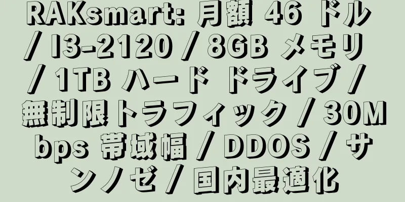 RAKsmart: 月額 46 ドル / I3-2120 / 8GB メモリ / 1TB ハード ドライブ / 無制限トラフィック / 30Mbps 帯域幅 / DDOS / サンノゼ / 国内最適化