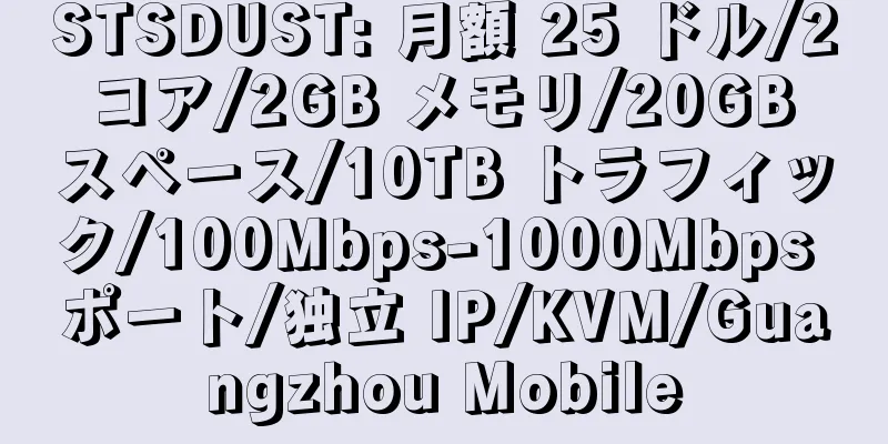 STSDUST: 月額 25 ドル/2 コア/2GB メモリ/20GB スペース/10TB トラフィック/100Mbps-1000Mbps ポート/独立 IP/KVM/Guangzhou Mobile