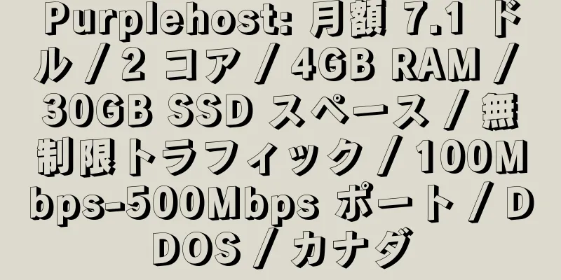 Purplehost: 月額 7.1 ドル / 2 コア / 4GB RAM / 30GB SSD スペース / 無制限トラフィック / 100Mbps-500Mbps ポート / DDOS / カナダ