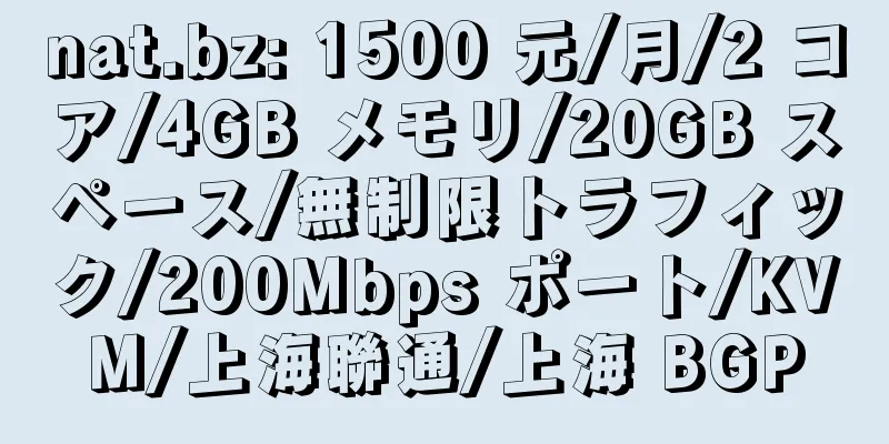 nat.bz: 1500 元/月/2 コア/4GB メモリ/20GB スペース/無制限トラフィック/200Mbps ポート/KVM/上海聯通/上海 BGP