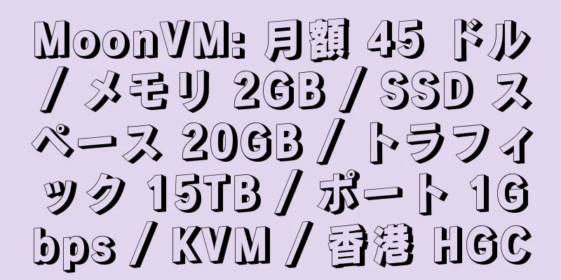 MoonVM: 月額 45 ドル / メモリ 2GB / SSD スペース 20GB / トラフィック 15TB / ポート 1Gbps / KVM / 香港 HGC