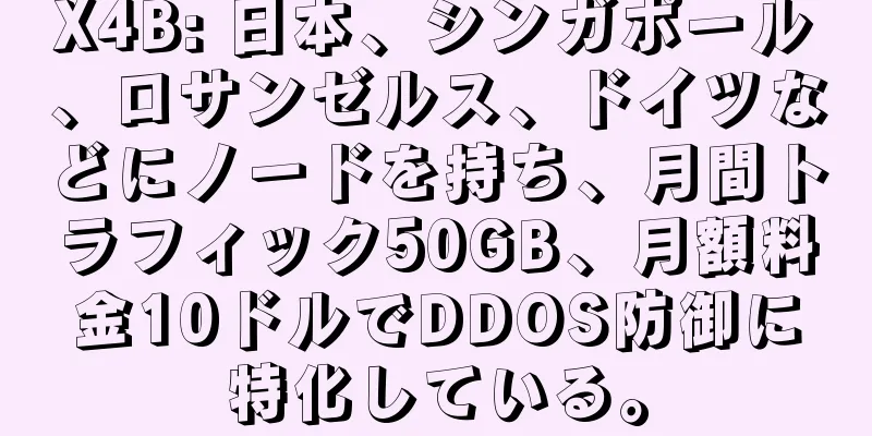 X4B: 日本、シンガポール、ロサンゼルス、ドイツなどにノードを持ち、月間トラフィック50GB、月額料金10ドルでDDOS防御に特化している。