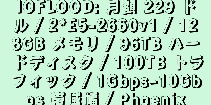 IOFLOOD: 月額 229 ドル / 2*E5-2660v1 / 128GB メモリ / 96TB ハードディスク / 100TB トラフィック / 1Gbps-10Gbps 帯域幅 / Phoenix