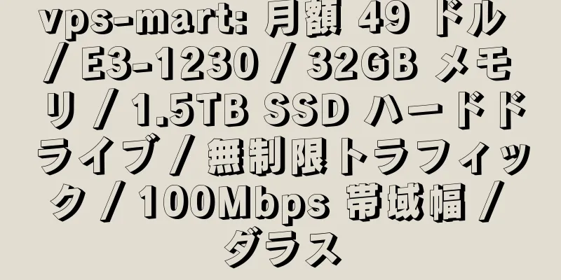 vps-mart: 月額 49 ドル / E3-1230 / 32GB メモリ / 1.5TB SSD ハードドライブ / 無制限トラフィック / 100Mbps 帯域幅 / ダラス