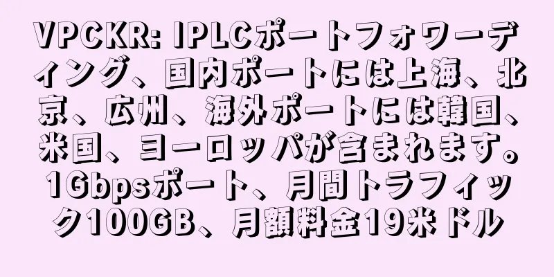 VPCKR: IPLCポートフォワーディング、国内ポートには上海、北京、広州、海外ポートには韓国、米国、ヨーロッパが含まれます。1Gbpsポート、月間トラフィック100GB、月額料金19米ドル