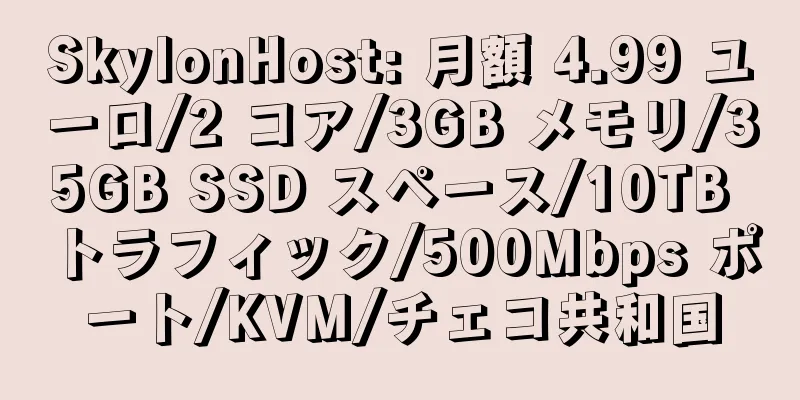 SkylonHost: 月額 4.99 ユーロ/2 コア/3GB メモリ/35GB SSD スペース/10TB トラフィック/500Mbps ポート/KVM/チェコ共和国