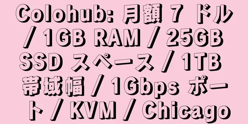 Colohub: 月額 7 ドル / 1GB RAM / 25GB SSD スペース / 1TB 帯域幅 / 1Gbps ポート / KVM / Chicago