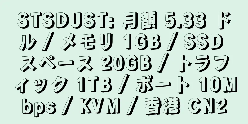 STSDUST: 月額 5.33 ドル / メモリ 1GB / SSD スペース 20GB / トラフィック 1TB / ポート 10Mbps / KVM / 香港 CN2